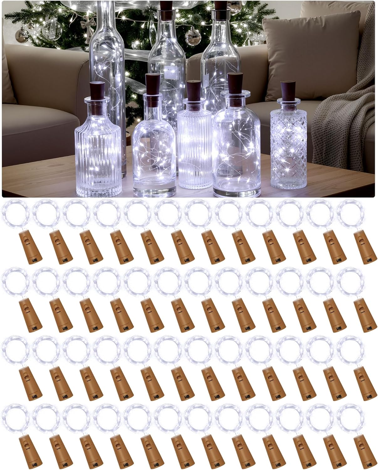Hortsun 60 Pack Wine Bottle Lights with Cork Fairy Mini String Lights Battery Operated Mini Waterproof 7 ft Silver Wire 20 Led Cork Shape for Christmas, DIY, Party, Decor, Wedding, Bar(Cool White)