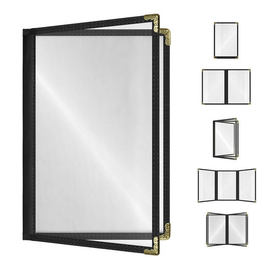 Goodsmart Restaurant Menu Covers – 25 Pack Black 4-View, Side-Loading Menu Holders, Vinyl & Plastic Café Menu Covers, Clear Menu Sleeves, Fits 5.5" x 8.5", Leather-Style Design, Gold Corners