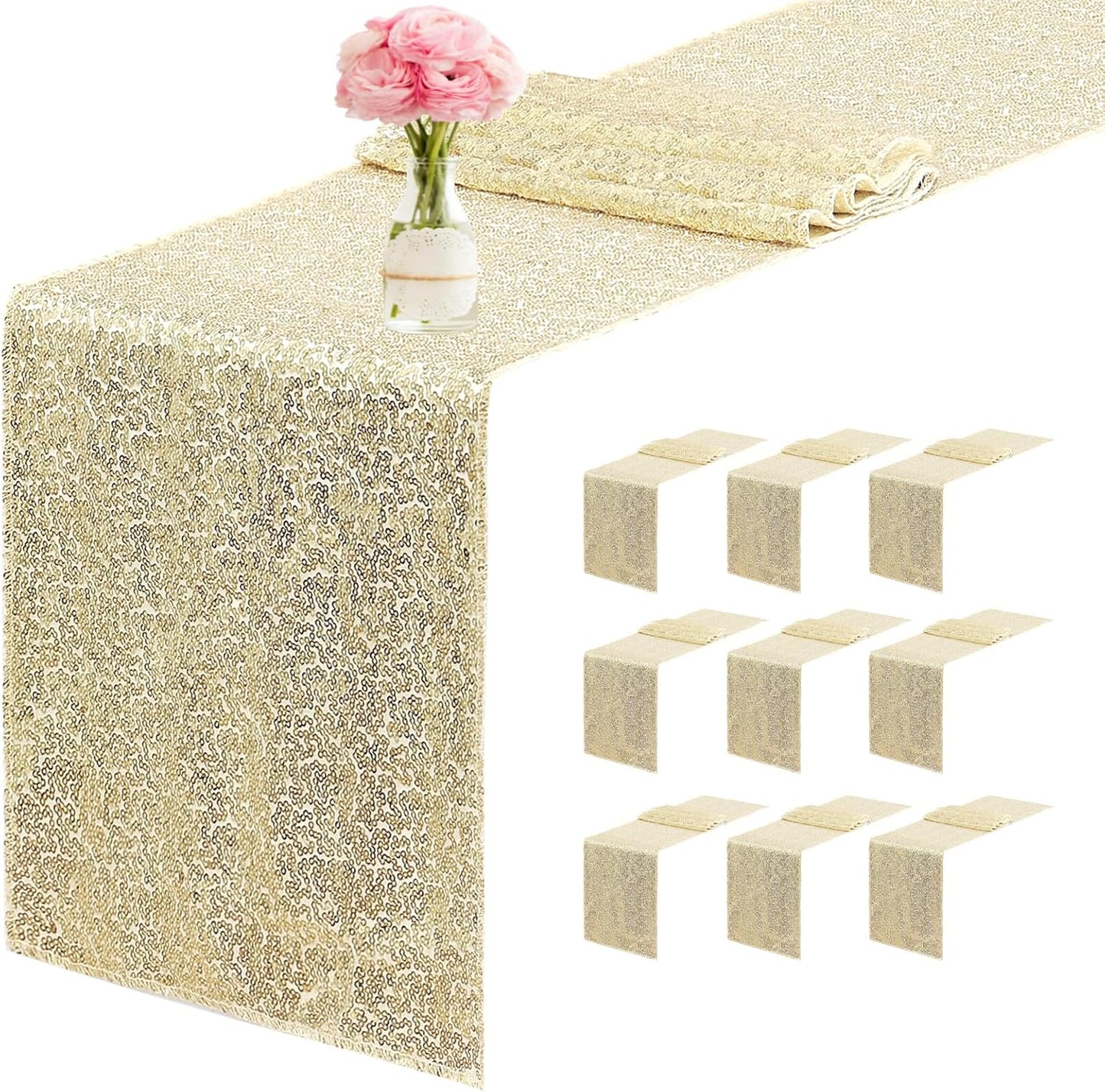 10 Packs 12 x 72 inches Sequin Table Runner, Champagne Glitter Table Runner for Birthday Party Supplies Wedding Engagement Baby Shower Holiday Celebration Event Decorations