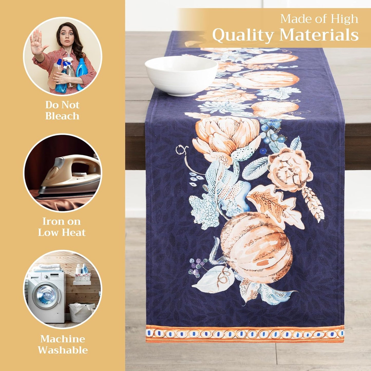 Maison d' Hermine Table Runner 100% Cotton Double Layer Table Runners 72 inches Long for Thanksgiving Christmas Decorations Home Kitchen Dining Party Wedding (Pumpkin Blues, 14.5" x 72")