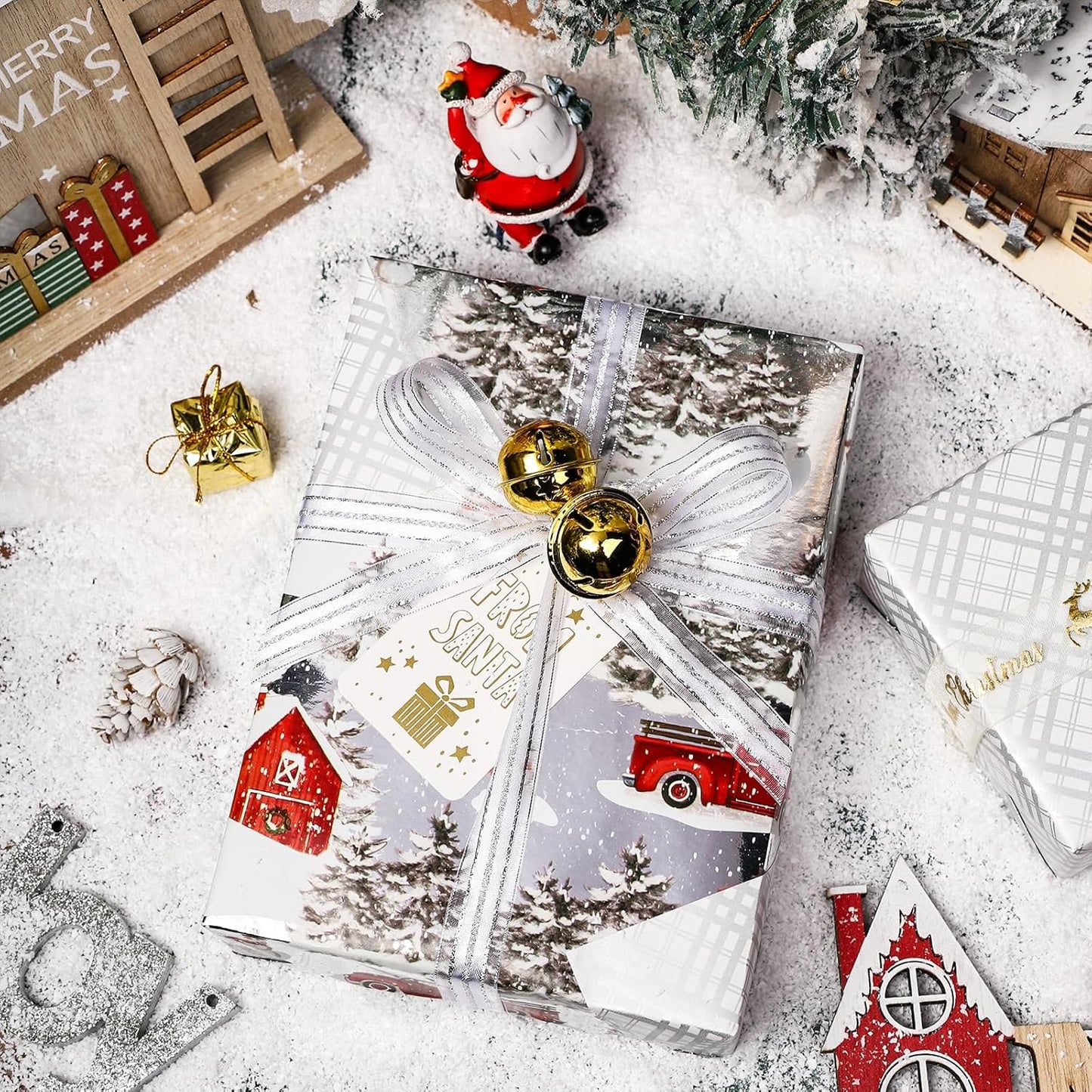 LeZakaa Christmas Silver Wrapping Paper Jumbo Roll for Boy Kid, Red Truck, Snowy Pine Forest & Grid Plaid, Silver Foil Reversible Design for Winter Holiday Family Gathering, 30 inches x 32.8 Feet