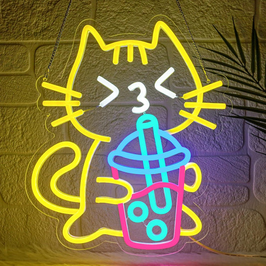 Cat Boba Tea Neon Sign Yellow Cat Led Neon Signs for Wall Decor USB Bubble Tea Neon Light Cute Animal Neon Light Sign for Bedroom Dessert Bar Coffee Shop Kitchen Restaurant Party