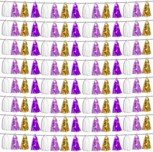 8P Purple-Gold Party Decoration Tassel Garland, Tassels Banner Streamers for Parade Floats, Bachelorette, Wedding, Birthday, Halloween, Christmas, Bridal/Baby Shower Party Decorations