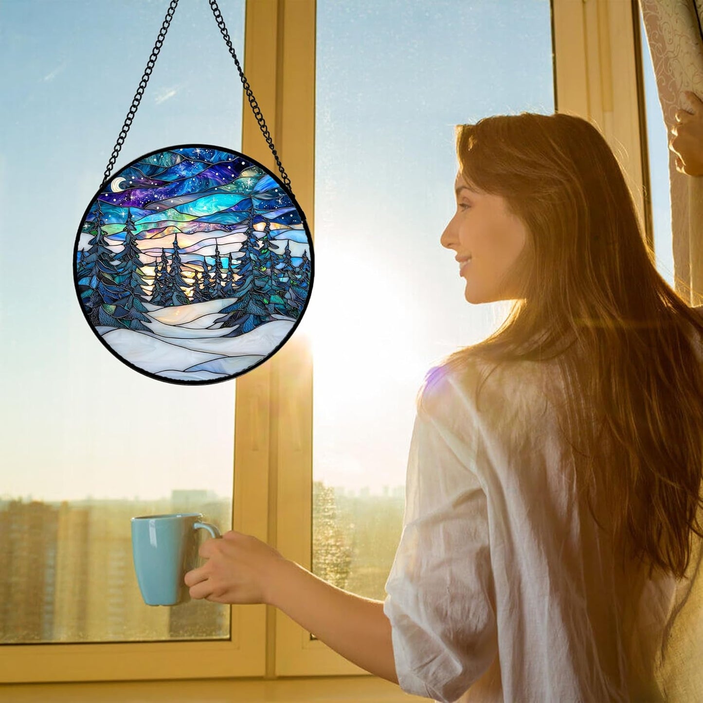 Stained Glass Window Hanging, Starry Sky Trees and Snow Sun Catchers Glass Panel Blue Suncatcher Decor for Birthday for Women, Men, Wife, Aunt, and Mom 6.3 in
