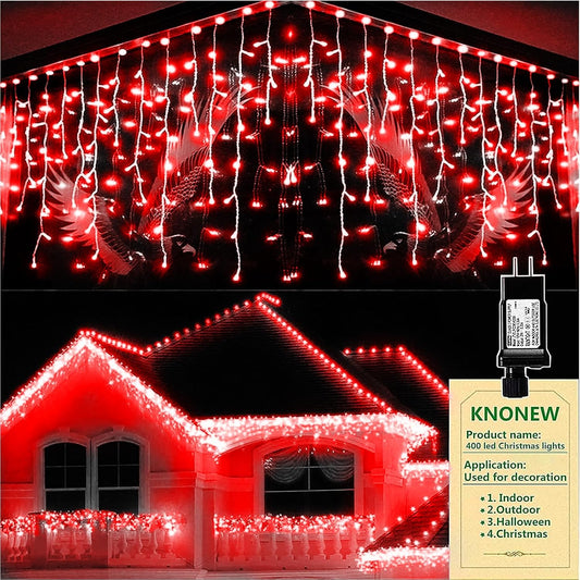 KNONEW Christmas Lights Outdoor Decorations 400 LED 33ft 8 Modes Curtain Fairy String Light with 75 Drops, Clear Wire LED Hanging Light Decor for Wedding Party Holiday Christmas Decorations (Red)
