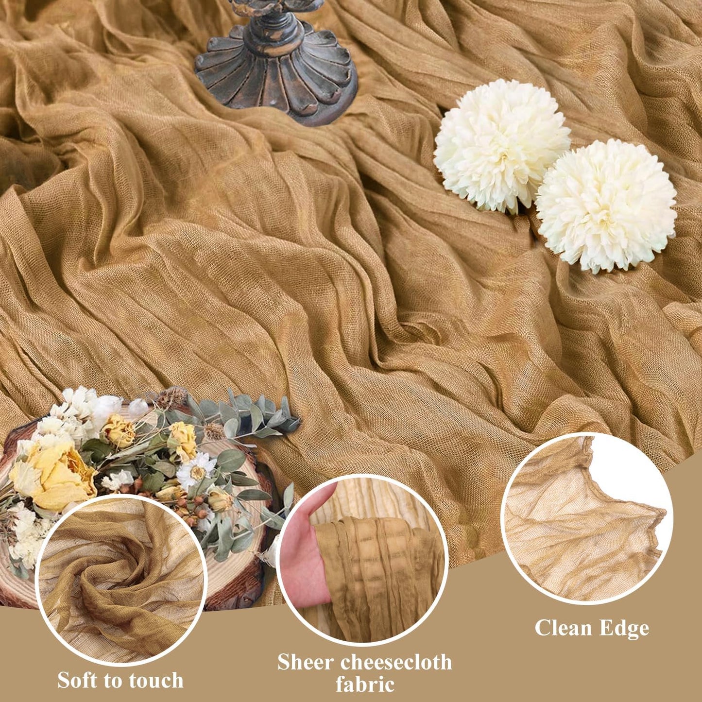 Asee'm 12pcs Cheesecloth Table Runner 120 Inches Long Khaki Boho Gauze Cheese Cloth Runner 10FT Rustic Sheer Table Runners for Christmas Wedding Party Baby Shower Spring Easter Decoration