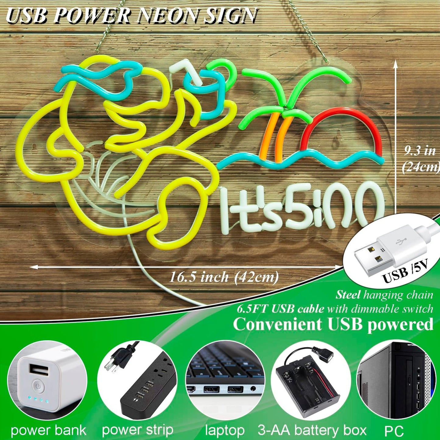 Turtle Its 5 00 O'clock Neon Signs for Wall Decor,Led Neon Light,Dimmable,USB Powered, Five Oclock for Home Bar Shop Beer LED Light Man Cave Garage Pub