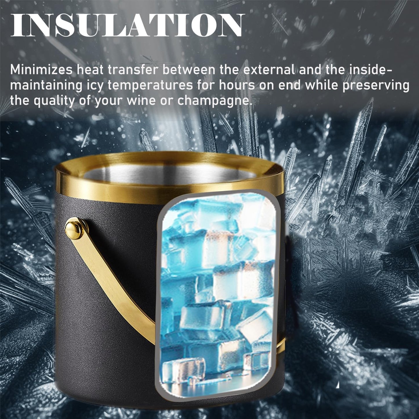 Insulated Ice Bucket with Lid, Handle and Tong Black Gold Stainless Steel Champagne Bucket for Party 3L Bar Cart Accessories Keep Drinks Chilled