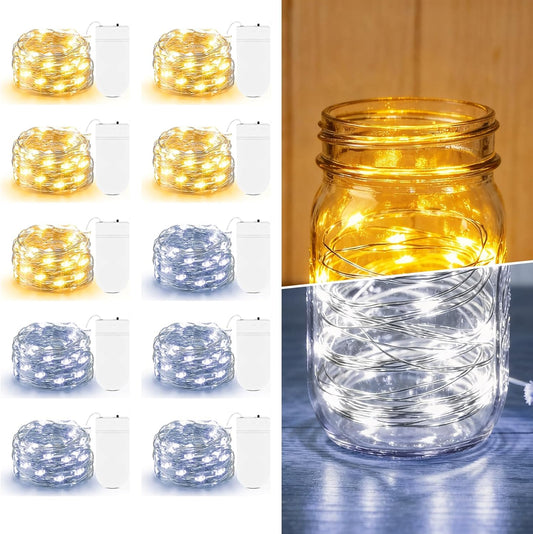 10 Pack Fairy Lights Battery Operated - 7ft 20 LED Twinkle Lights Copper Wire Mini String Lights Firefly Lights for Mason Jars DIY Crafts Christmas Centerpiece Table Decor, Warm White & Cool White