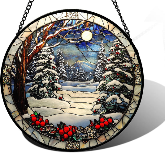 Stained Glass Window Hanging Christmas Tree Winter Snow Night Scenery Large 11.8" - Suncatcher Door Garden Kitchen Sun Catcher Home Decor Birthday for Mom Men Woman Friend