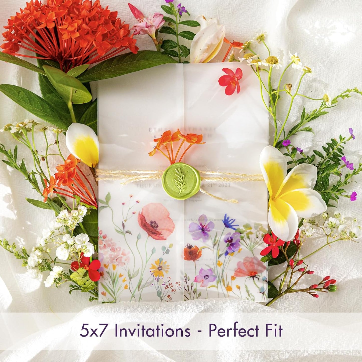 50 Pack Pre-Folded Vellum Jackets for 5x7 Invitations,AZAZA Pretty Translucent Invitation Sleeves,115GSM Vellum Jackets 5x7, Wedding Invitation AccessoriesFor, Weddings Birthdays,Wildflowers