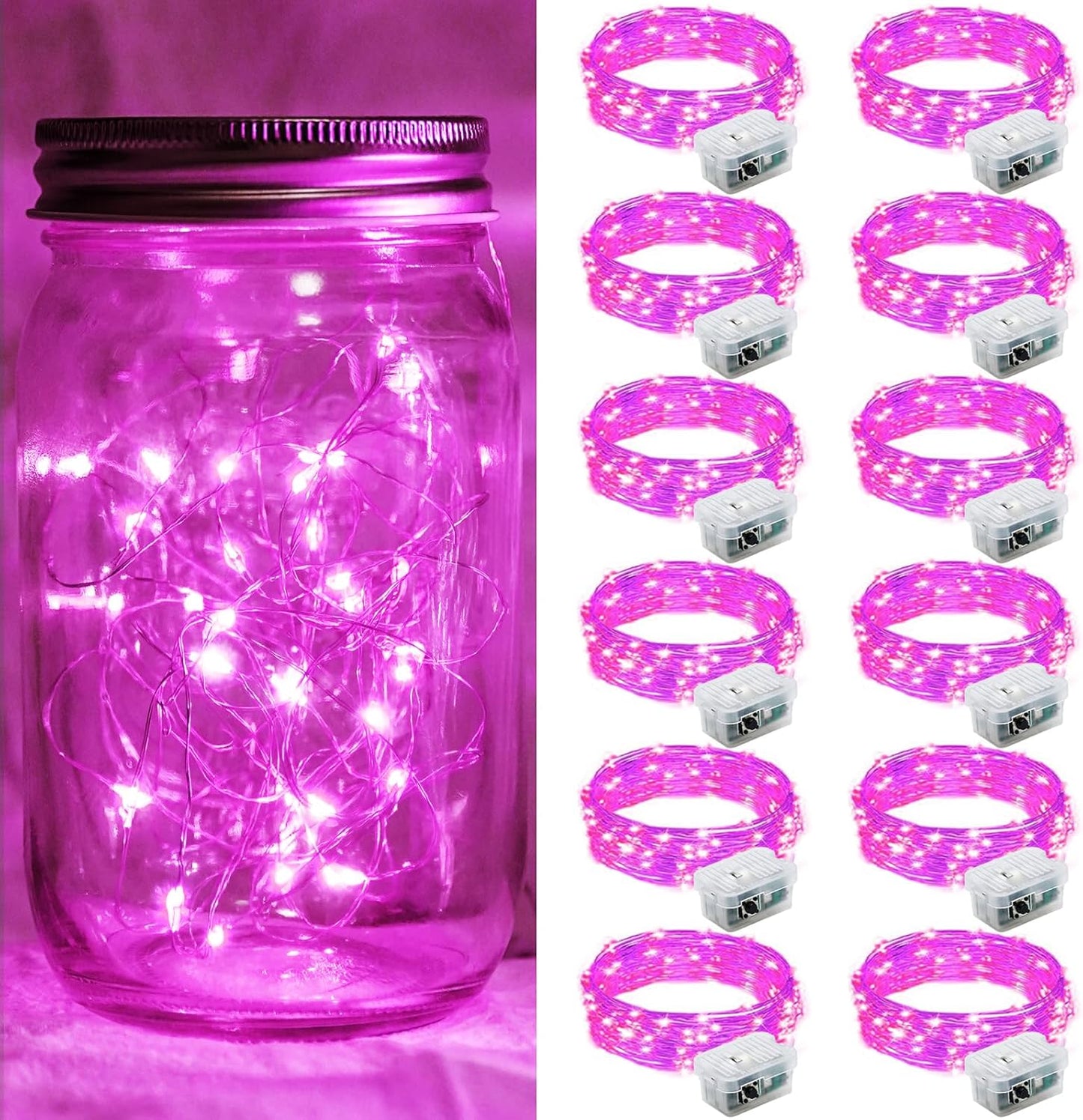 12 Pack Pink Fairy Lights 7Ft 20 LED Twinkle String Lights 3 Modes Battery Operated Waterproof Firefly Starry for Mason Jar Party Wedding Christmas Valentines Day Table Centerpieces