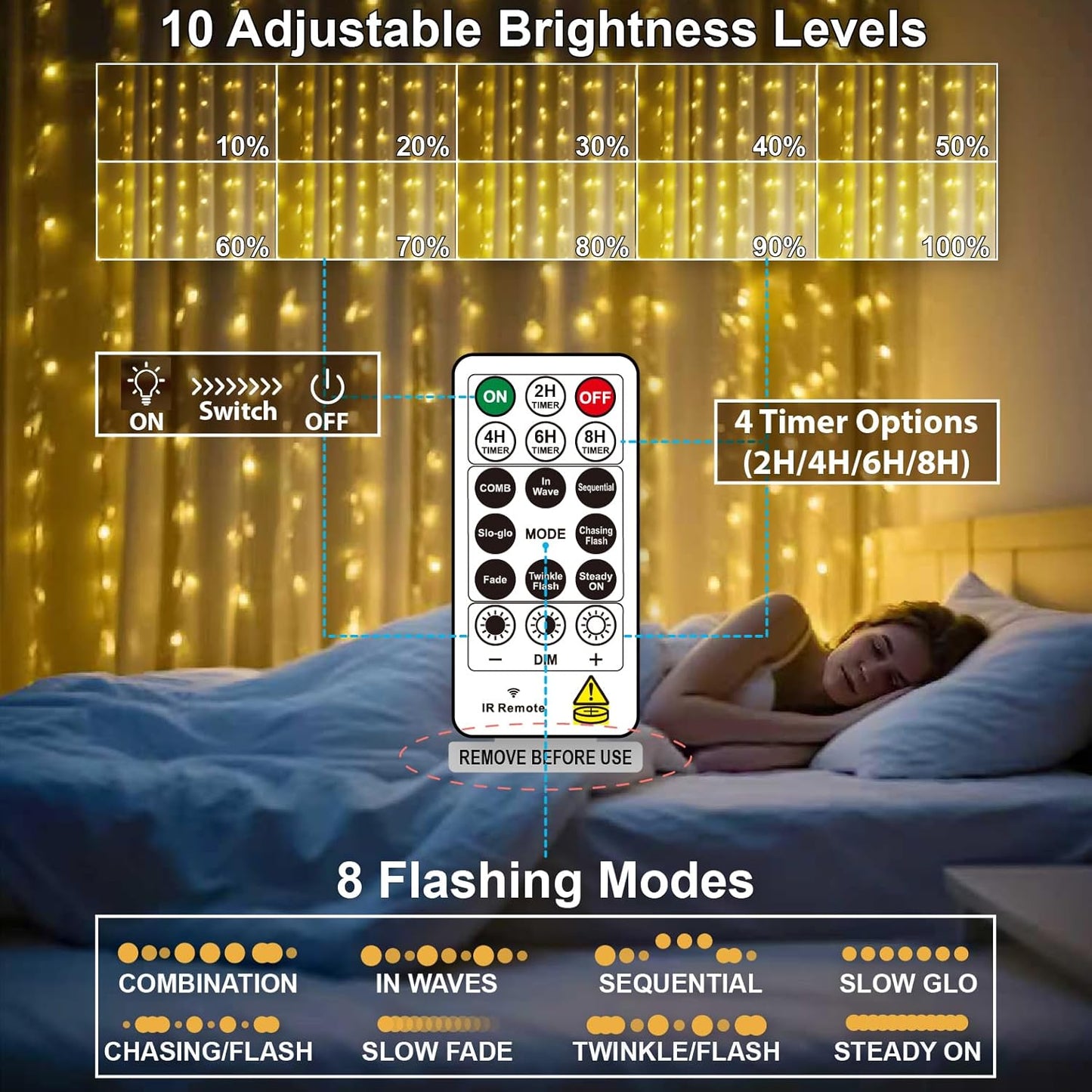 HXWEIYE 300LED Fairy Curtain Lights, 9.8x9.8Ft USB Plug-in 8 Modes Christmas String Hanging Lights with Remote for Bedroom Backdrop Wedding Party Indoor Wall Decor, Warm White