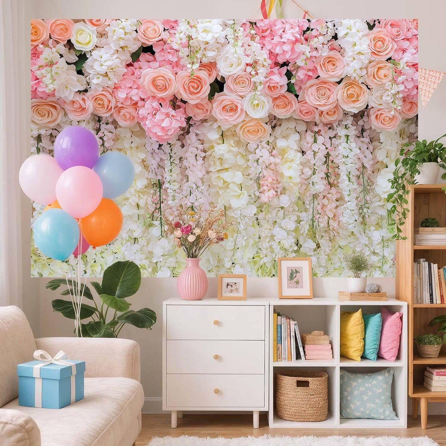 8x6ft Pink Rose Flower Wedding Photography Backdrop Spring Floral Photography Backdrop Valentine's Day Mother's Day Girl Birthday Baby Shower Wedding Bridal Party Banner Photo Booth Props Background