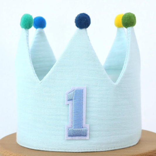 Muslin Crown Hat 1-3 Birthday For Baby Boy Girl Party Decoration Blue Pink Headband