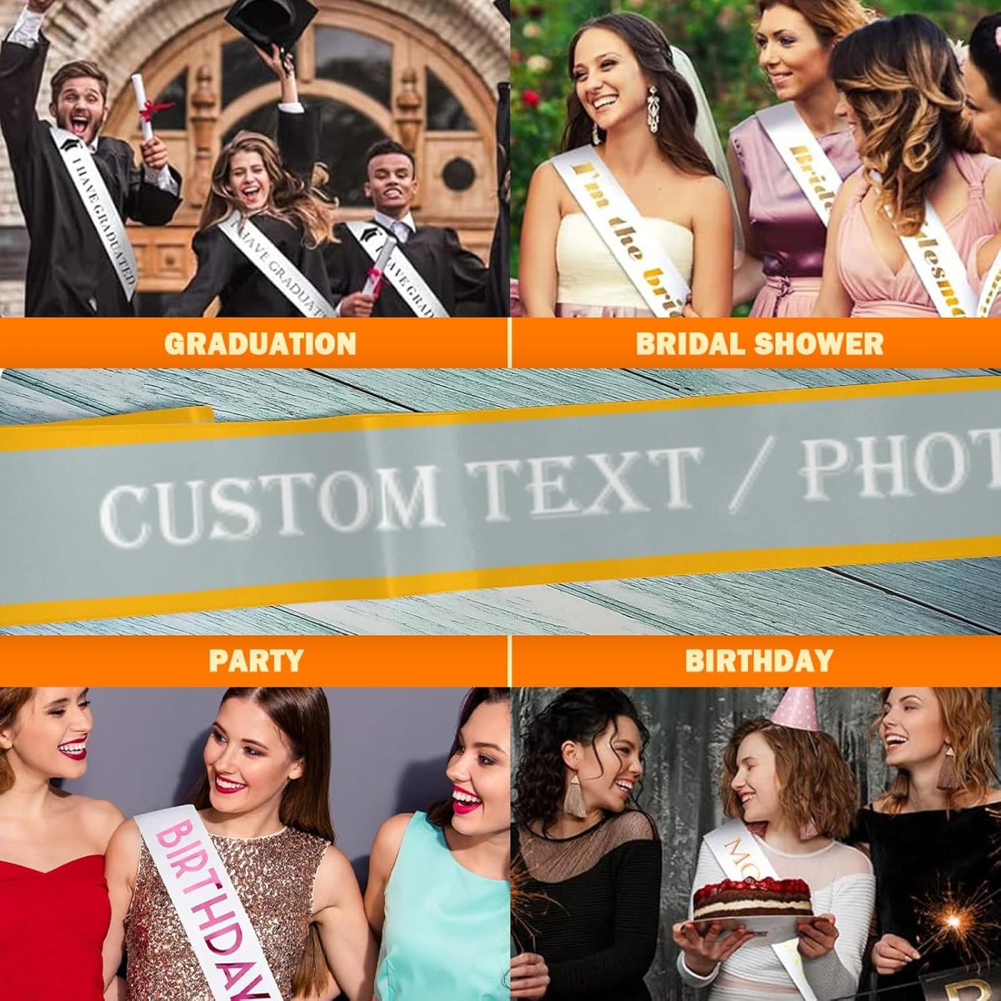 Custom Sash,Personalized Birthday Sash with Text Photo,Customized Bachelorette Sash Quote Sash Bride to Be Sash Color Optional (With decorative edge, Sliver)