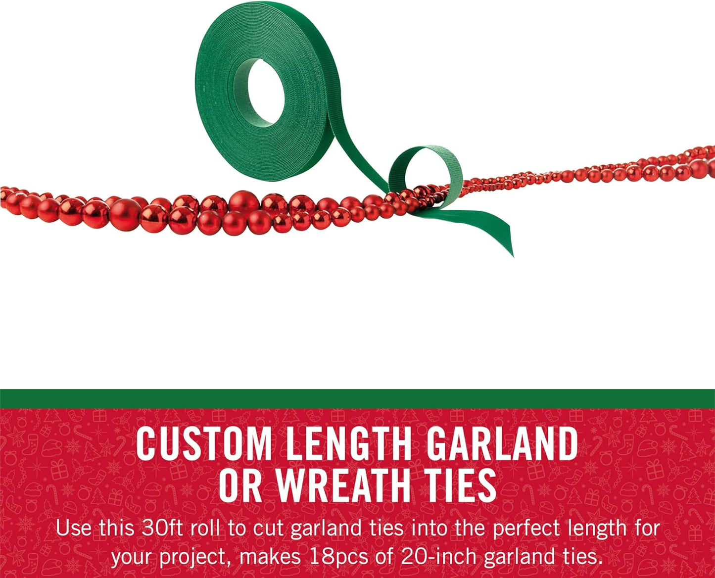 VELCRO Brand Holiday Garland Ties or Cable Straps | Hang Garlands, Lights or Wreath | for Banister, Railings, Stairs or Lamp Posts | 30ft Roll Cut to Custom Length | Green