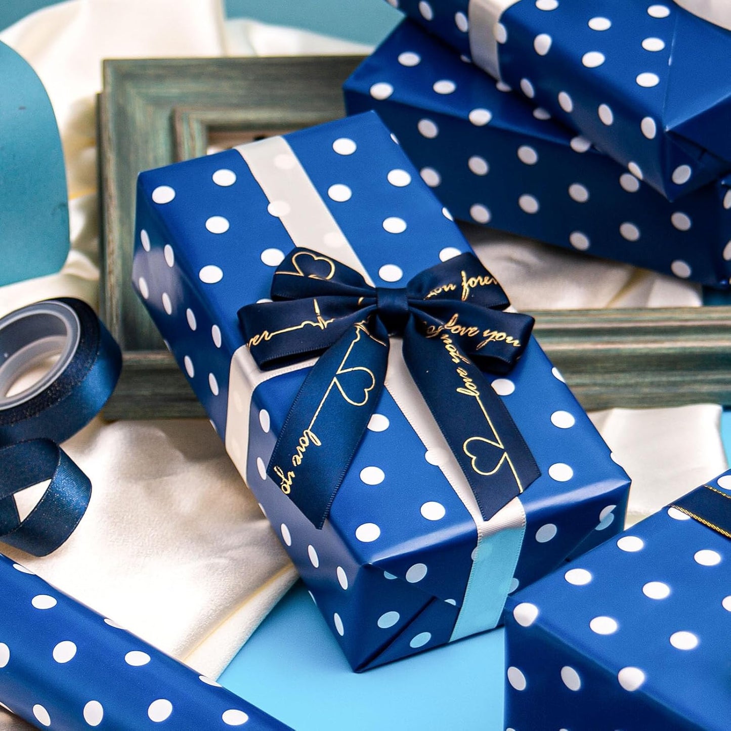 Flyhill Navy Blue Wrapping Paper,Reversible Gift Wrap Paper with Polka Dot Design for Father's Day,Birthday,Wedding,Baby Shower,All Holidays(17 Inch X 32.8 Feet)