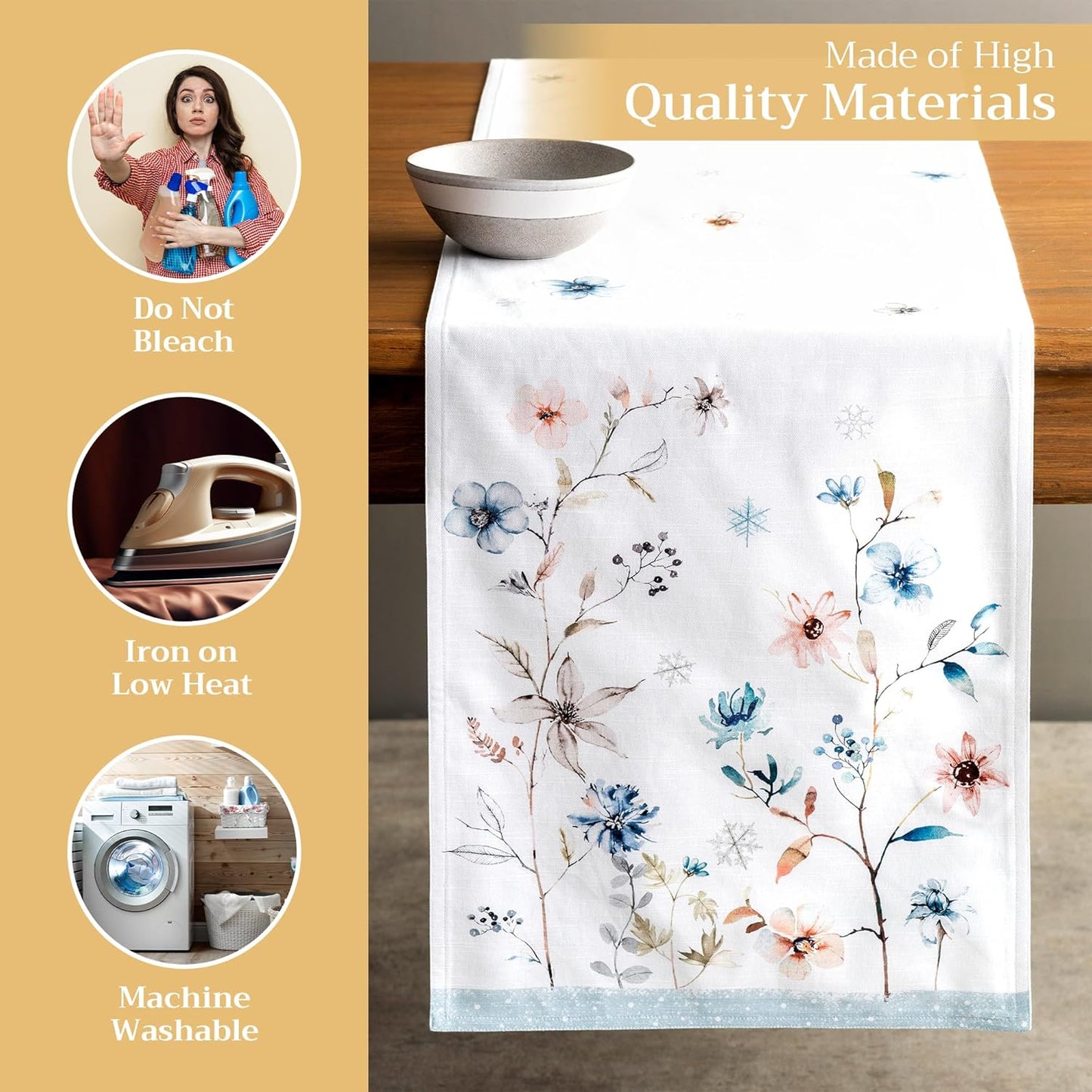 Maison d' Hermine Table Runner 100% Cotton Double Layer Table Runners 108 inches Long for Thanksgiving Christmas Decorations Home Kitchen Dining Party Wedding (Ice Florals, 14.5" x 108")