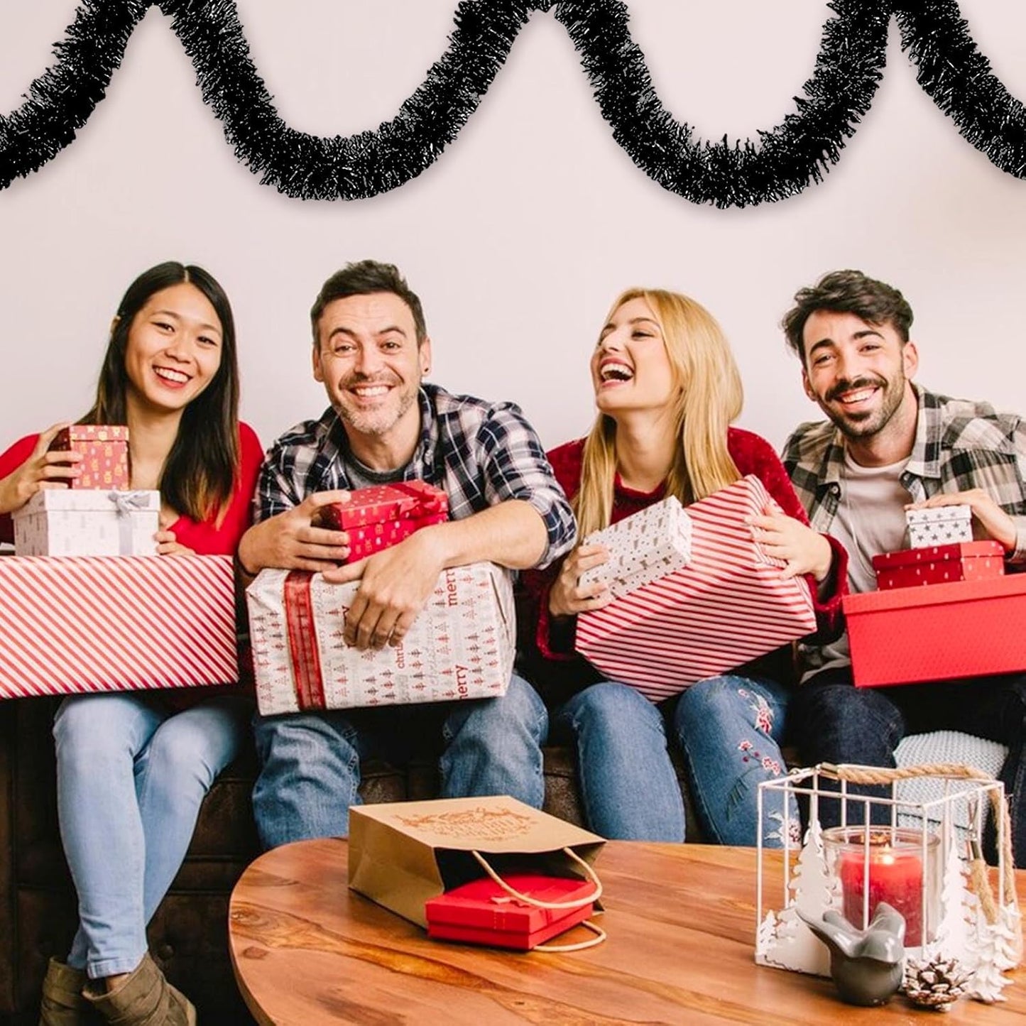 50 Feet Christmas Foil Fringe Banner Metallic Tassle Garland Metallic Backdrop Parade Floats Shiny Hanging Ceiling, Valentine's, Wedding, New Year Party Decorations(2" x 50', Black)