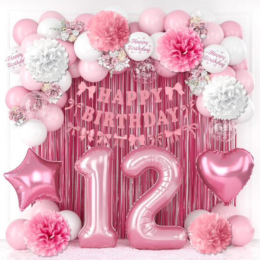 12th Birthday Decorations for Girls Pink Number 12 Balloon Bow Coquette Happy Birthday Banner Fringe Curtain Paper Pom Poms Star Heart Foil Pink White Balloons 21 Year Old Party Decor