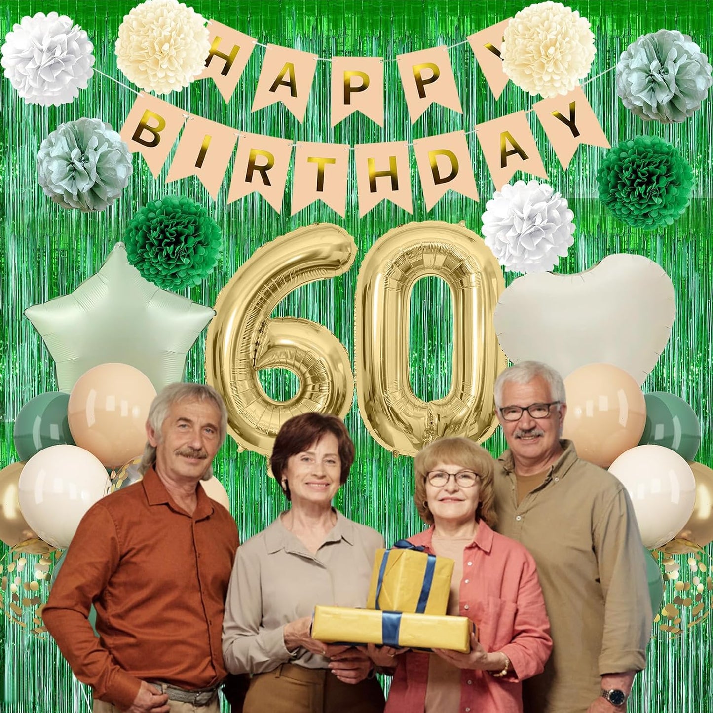 Sage Green 60th Birthday Decorations for Men Gold Number 60 Balloon Nude Gold Happy Birthday Banner Fringe Curtain Paper Pom Poms Olive Green Cream White Sand Star Foil Balloons Party Decor