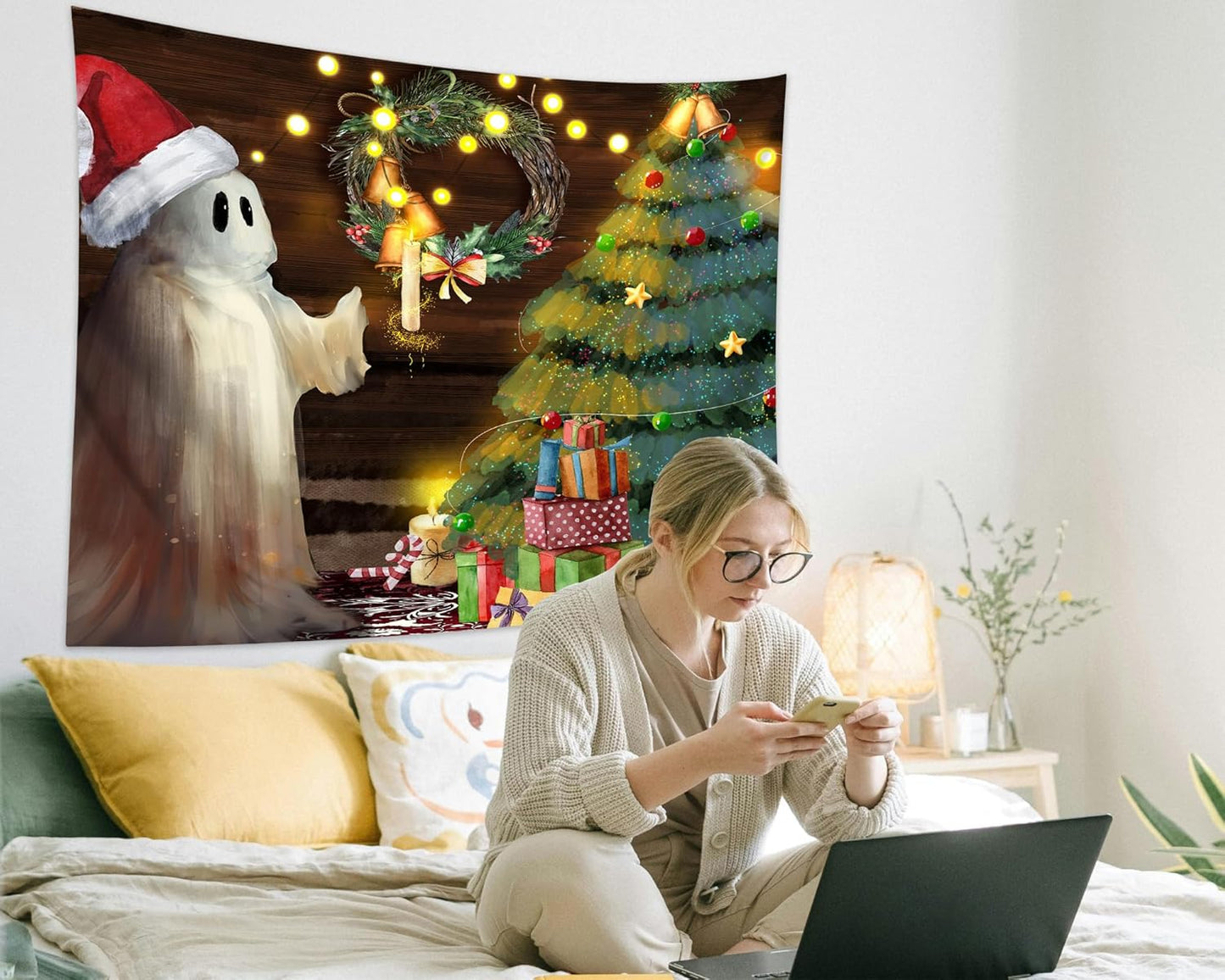 QGHOT Christmas Tapestry Wall Hanging Christmas Tree Backdrop Cute Ghost Wall Decor Xmas Holiday Tapestries for Kids Bedroom Living Room Dorm Party Decoration