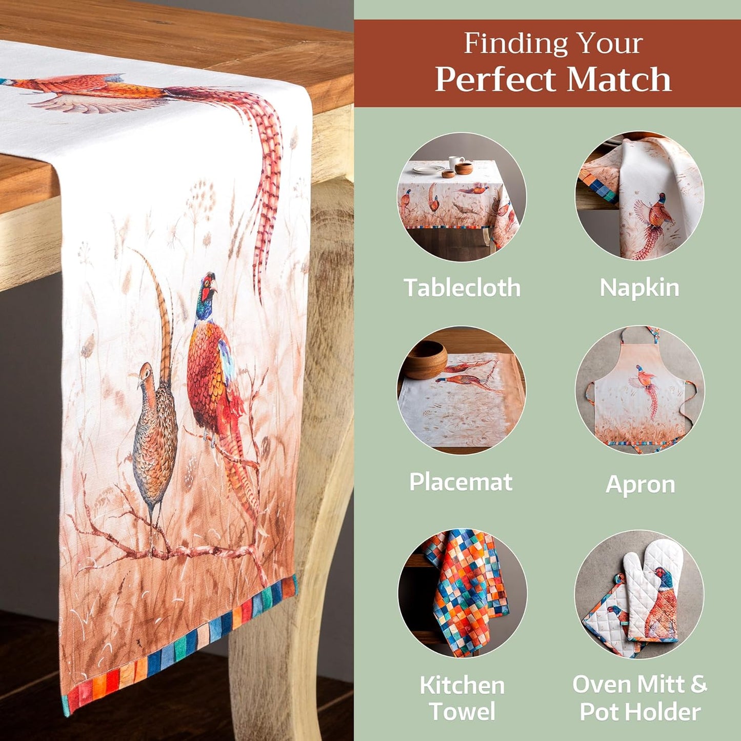 Maison d' Hermine Table Runner 100% Cotton Single Layer Table Runners 108 inches Long for Thanksgiving Christmas Decorations Home Kitchen Dining Party Wedding (Faisan D'Automne, 14.5" x 108")