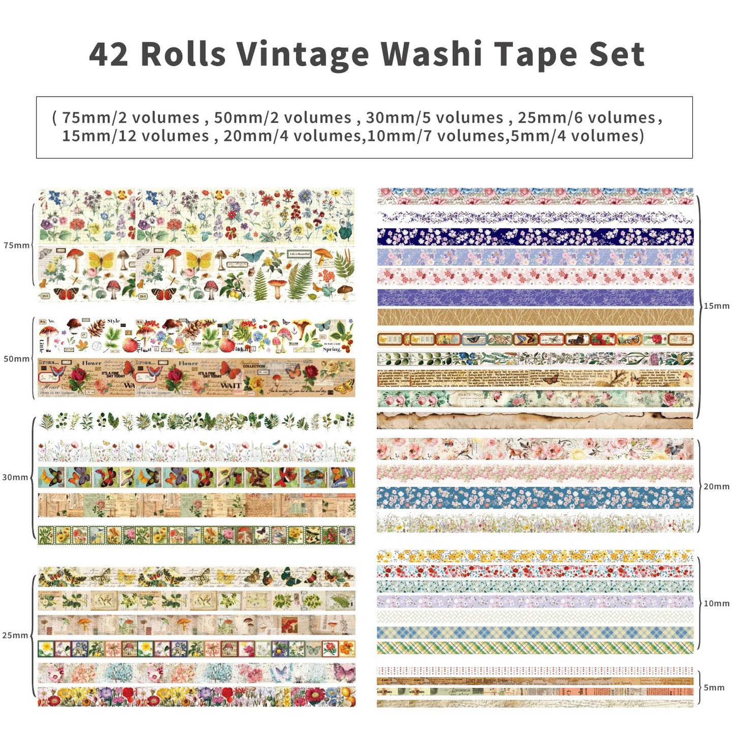 42 Rolls Vintage Washi Tape Set, Floral Letter Butterfly Mushroom Botanical Flower Writable Decorative Tapes for Scrapbooking , Junk Journal Supplies, Bullet Journaling 5-75mm Wide 9.84ft long/Roll