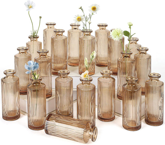 Glass Bud Vases Set of 20, Living Bud Vases, Small Bud Vase in Bulk, Mini Flowers Vases for Centerpiece, Vintage Decorative Vase Set for Table Decorations, Wedding Reception, Home Decor (Amber)