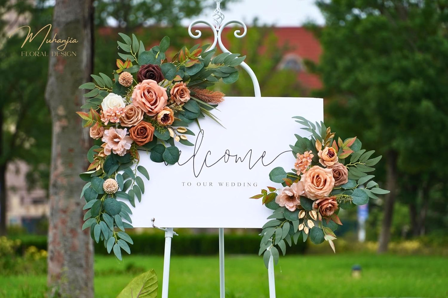 Wedding Sign Faux Flower Swag (Pack of 2) for Ceremony Party Reception Entrance Floral Decor Wall Easel Stand for Wedding Poster Welcome Sign (Terracotta)