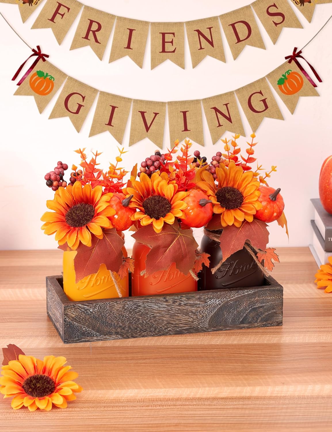 Mason Jar Fall Thanksgiving Centerpieces for Tables Fall Thanksgiving Table Decor, Flower, Wood Tray, Pumpkin Centerpieces Table Decorations for Home Indoor, 25 Pcs Autumn Kitchen Decor