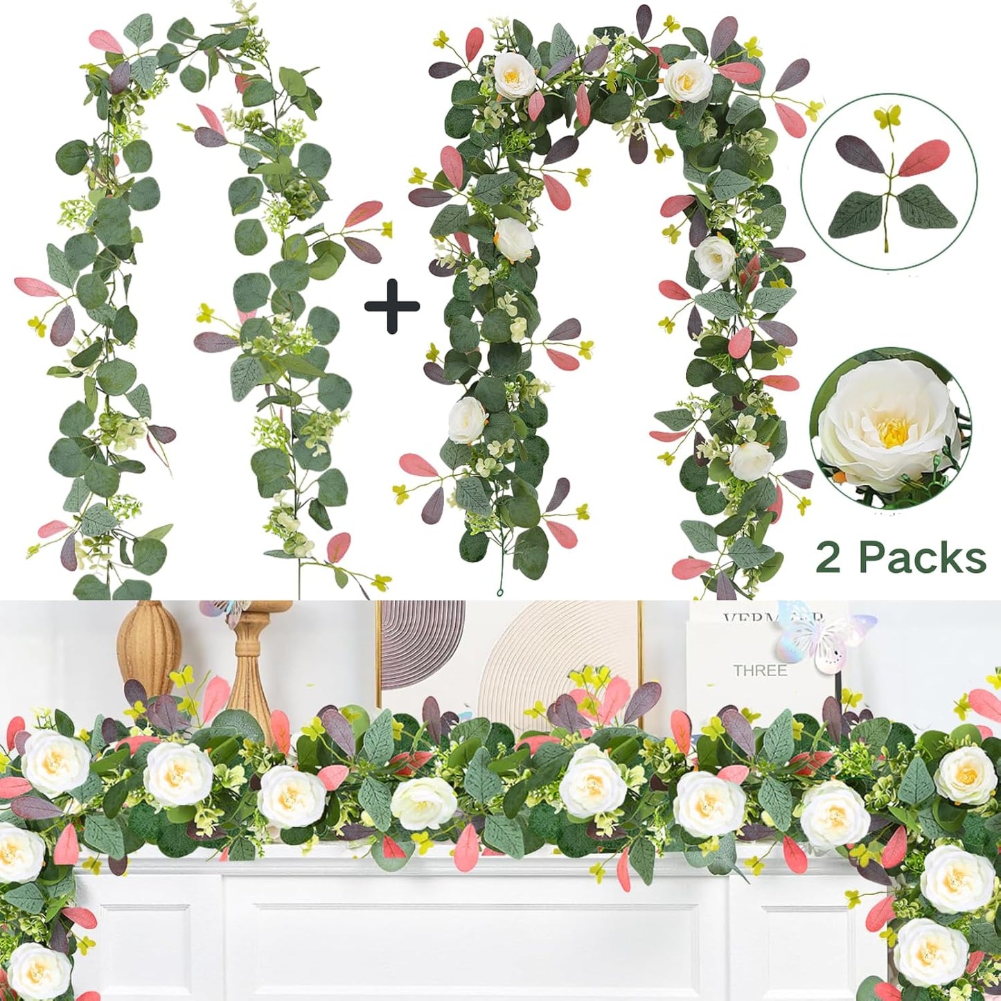 ASTRYAS 2Pcs 6.23Ft Artificial Eucalyptus Garlands with Flowers, Faux Floral Greenery Garlands Fake Flowers Vines for Wedding Table Centerpieces Arch Party Ceremony Backdrop Decor (Pink Leaves)