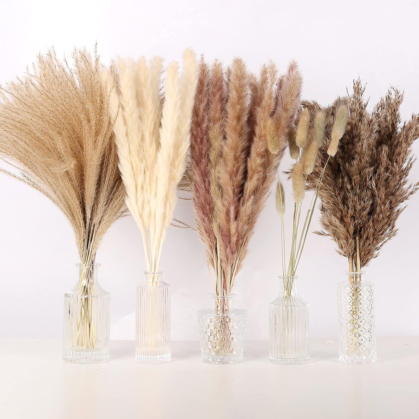 N&T NETING 75Pcs Pampas Grass Decor-10Pcs White Pampas Grass, 20Pcs Brown Pampas, 10Pcs Bunny Tail, 30Pcs Reed, 5Pcs Fluffy Dried Pompas Grass Flower for Fall Home Wedding Table Vase Boho Decor