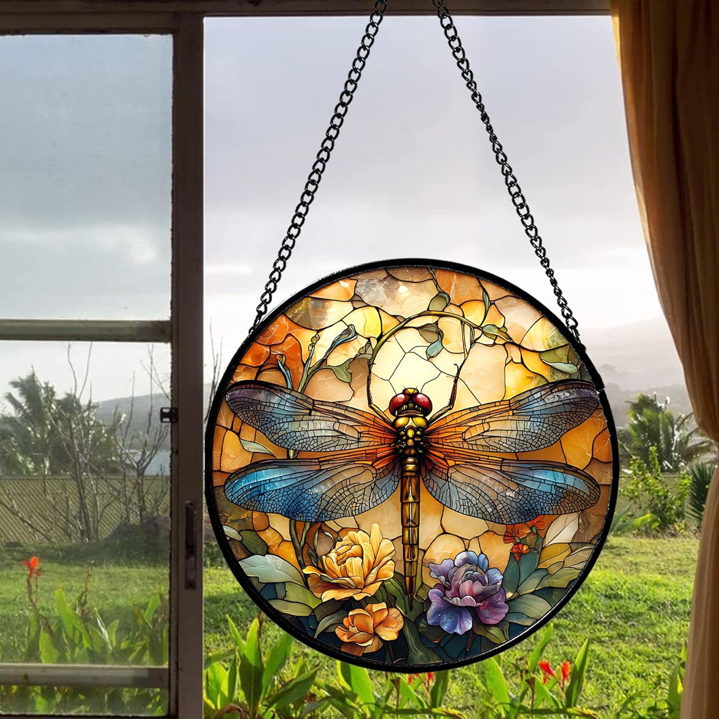 Stained Glass Window Hanging - Orange Blue Dragonfly Flower Suncatcher for Doors Window Home Sun Catchers Decor Christmas Mother's Day Birthday Outdoor Gifts for Women Men Mom Nana 11.8 in