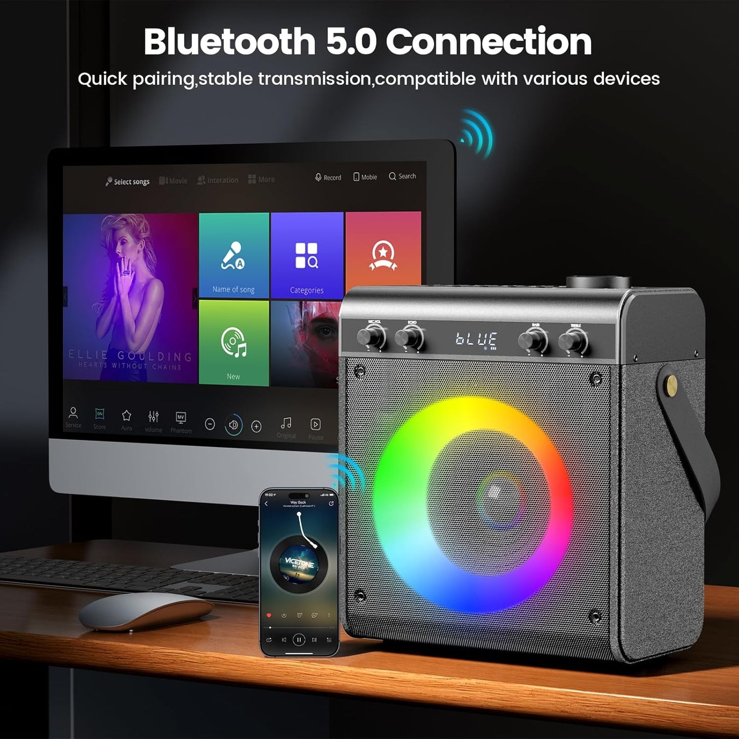 Karaoke Machine with 2 Wireless Microphones, Portable Bluetooth Speaker for Adults Kids with Bass Treble Echo PA System with Remote,LED Light, Supports TF Card,USB,AUX in,TWS,FM,REC for Party