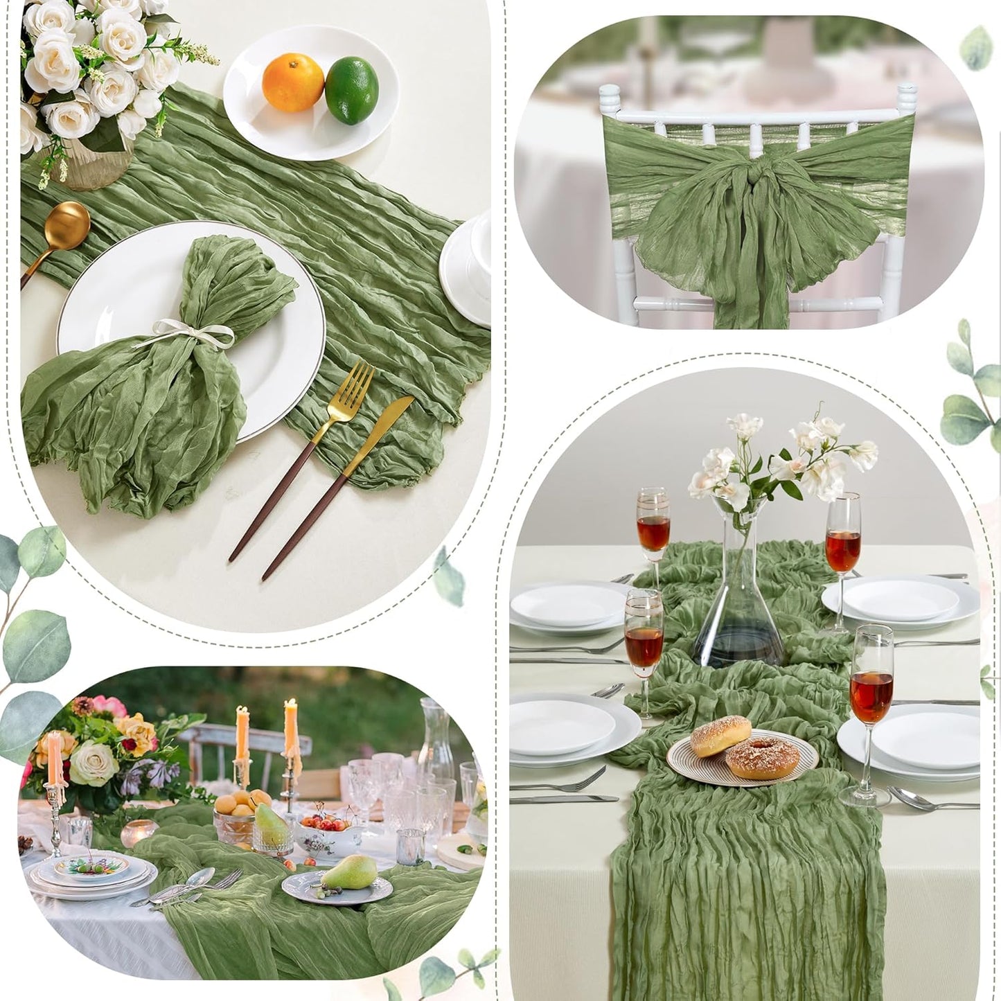 6 Pack Sage Green Cheesecloth Table Runner 10FT Long Boho Gauze Table Runner Rustic Sheer Runner for Wedding Bridal Baby Shower Birthday Party Table Decor Thanksgiving Christmas Decorations