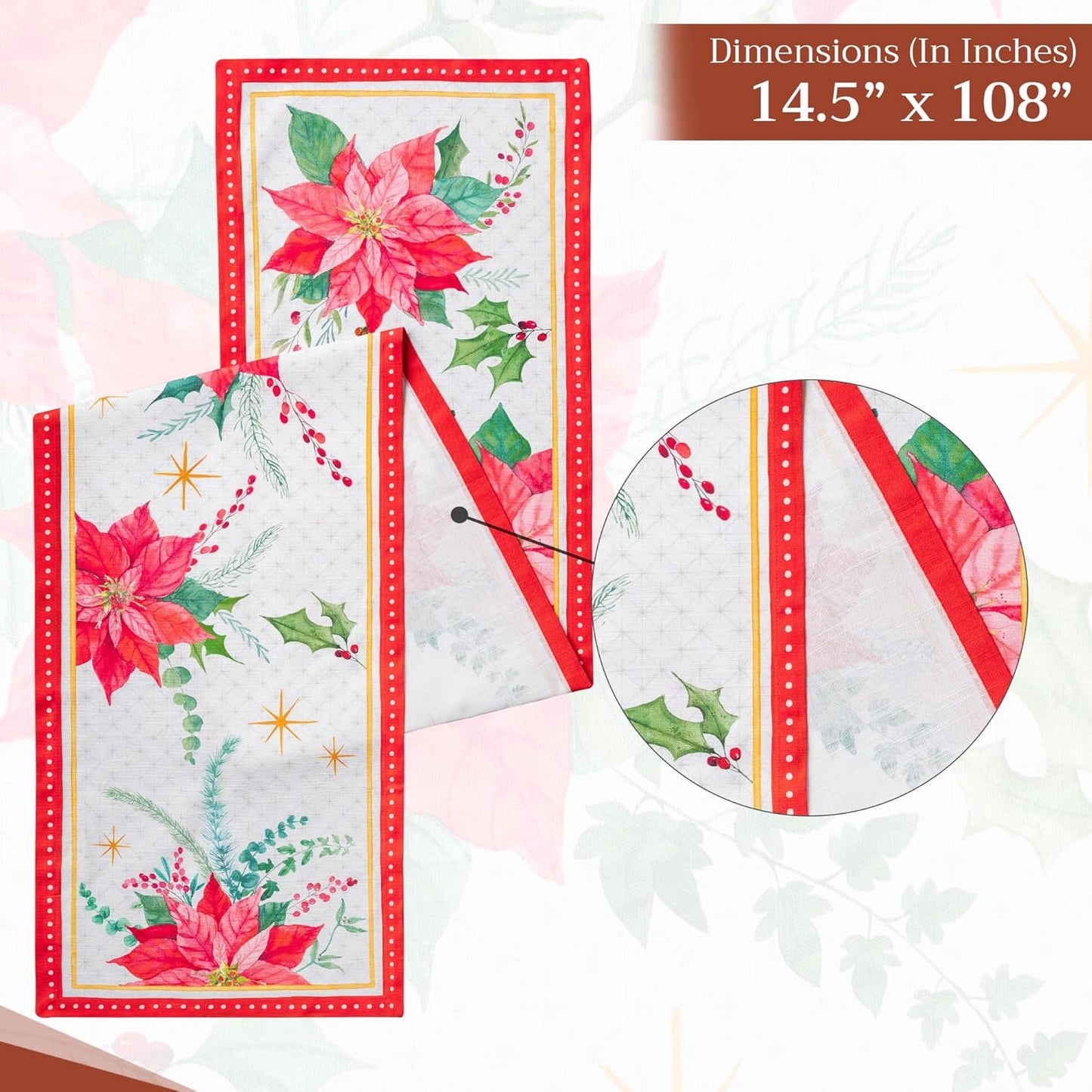 Maison d' Hermine Table Runner 100% Cotton Double Layer Table Runners 108 inches Long for Thanksgiving Christmas Decorations Home Kitchen Dining Party Wedding (Poinsettia Christmas, 14.5" x 108")