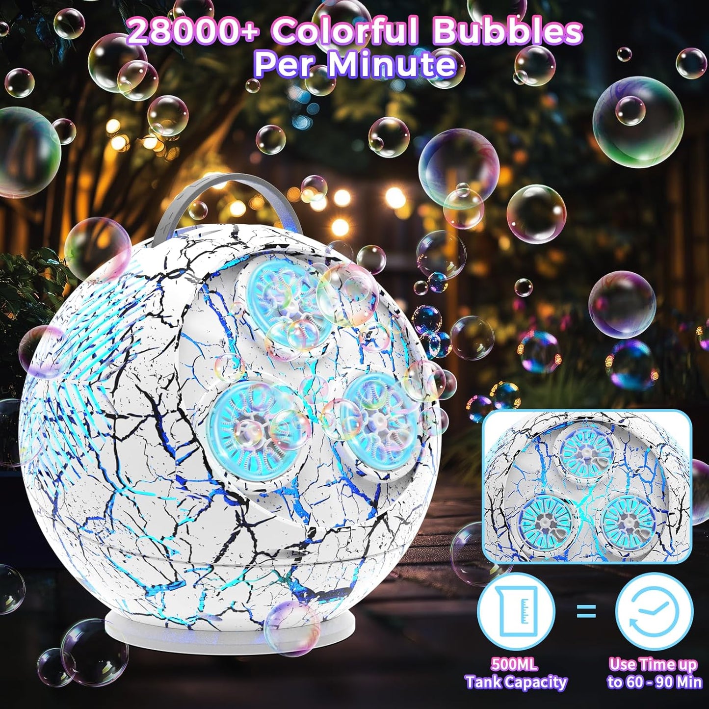 Bubble Machine Automatic Bubble Blower for Kids Toddlers Rechargeable Portable Spherical LED Bubble Maker Electric Auto Rotating 45°/360° Outdoor Toy Birthday Party Wedding (Spherical Crackle White)
