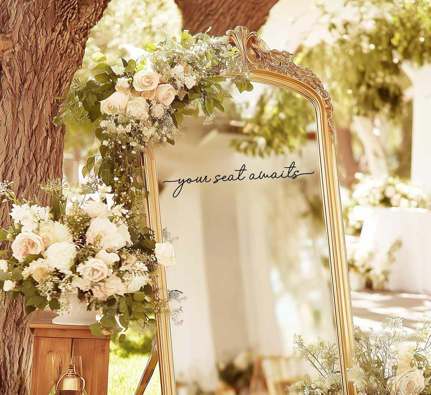 Your Seat Awaits Vinyl Decal, Wedding Seating Sticker, Mirror Decal for Seating, Please Find Your Seat Signs, Wedding Decor Sign (Black, Width 17")