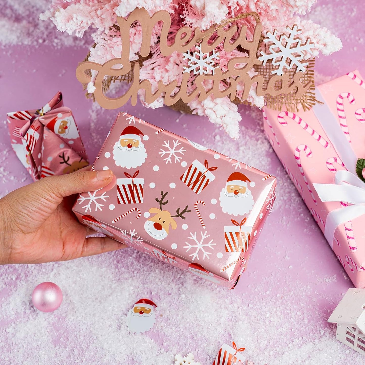 LeZakaa Christmas Pink Wrapping Paper Mini Roll, Santa Claus & Candy Cane, Metallic Foil, Rose Gold Foil Reversible Design for Festive Winter Holiday, Family Gathering, 17 inches x 32.8 Feet