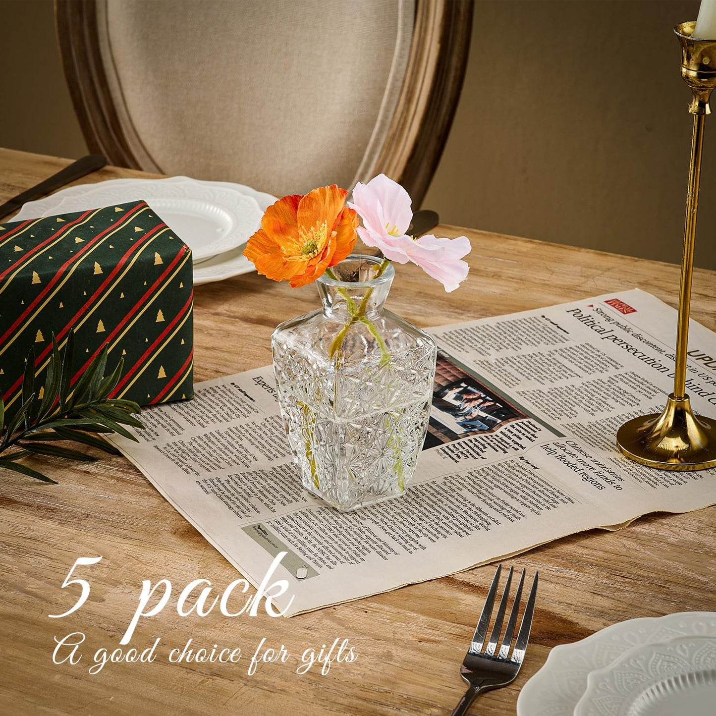 Glass Bud Vase Set of 5 Pcs Small Minimalist Vases for Flowers, Vintage Rustic Home Decor for Table Centerpiece Wedding Party, Modern Clear Aromatherapy Bottle for Living Room Bedroom