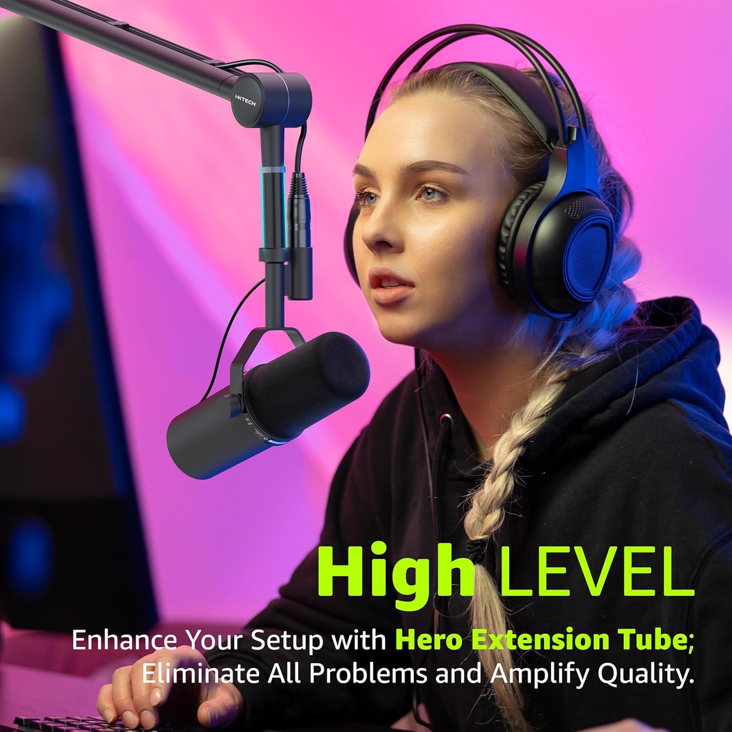 IXTECH Boom Arm Mic Stand with Extension Tube Upgraded Microphone Arm for Shure SM7B MV7 Blue Yeti Sturdy Stainless Steel Mic Arm Desk Stand Foldable Scissor Arm Microphone Mount for Podcast Gaming