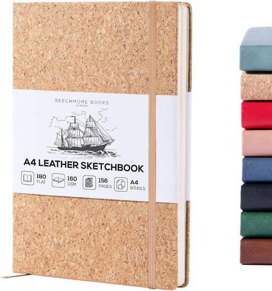 Beechmore Books A4 Sketchbook – 8.5x11 Premium Vegan Leather Bound Large Sketch Book Hardcover with 156 Thick 160gsm Perforated Ivory Pages, Blank Sketch Pad, Gift Boxed, Back Pocket, Ribbon Bookmark