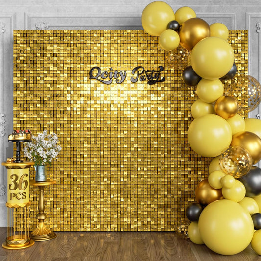 Qcity Gold Shimmer Wall Backdrop 36PCS, Black Back Not See-Through Design, Square Sequin Glitter Backdrop Panel, Perfect for Outdoor Events, Birthdays, Wedding and Party Decoration