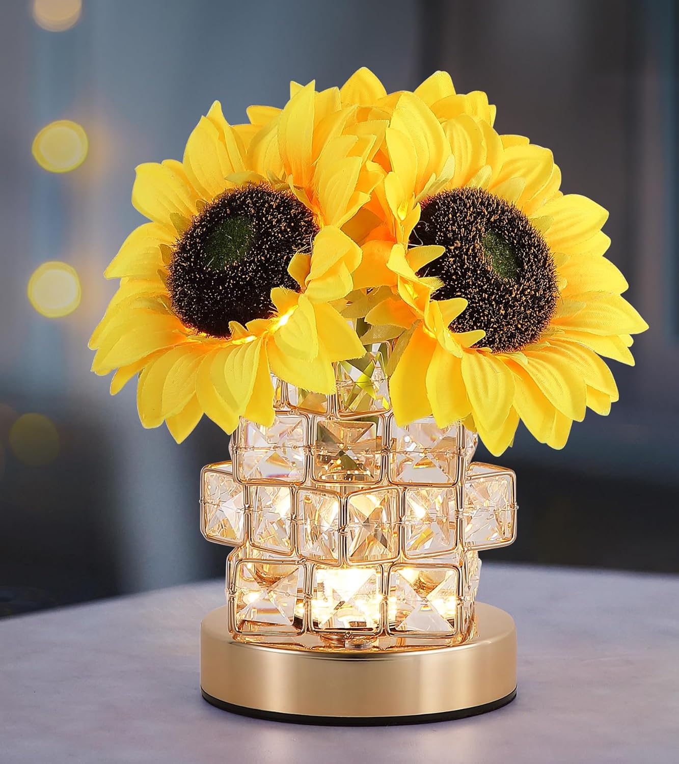 Sunflowers Lamp,Rechargeable Cordless Touch Lamp,3-Colour Infinitely Dimming Small Night Light,Crystal Table Lamp for Home Decor/Restaurant/Bar/Coffee Shop,Gifts for Women/Mom