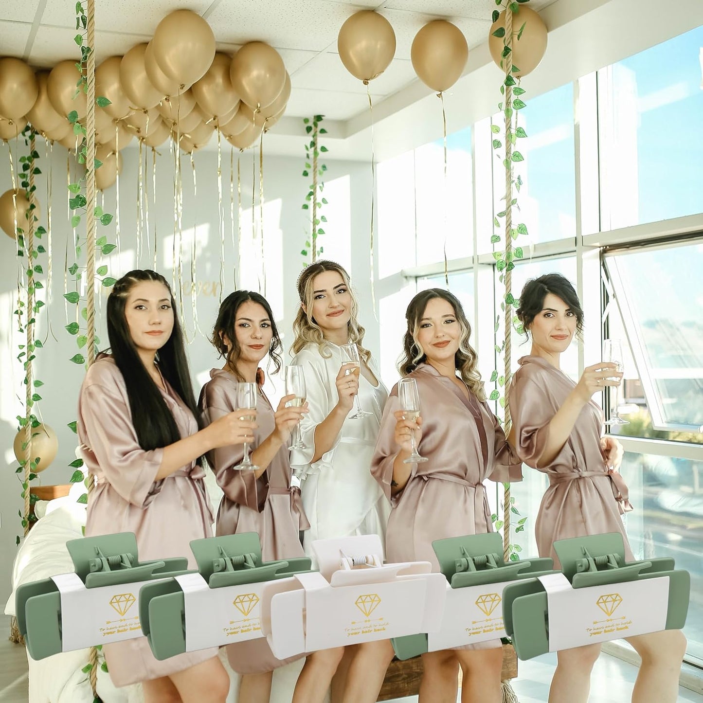 16pcs Bridesmaid Proposal Gifts 4.1inch square Matte Bachelorette Claw Clips Sunglasses set of 12 Girls Trendy Cute Hair Clips for Wedding Party Favors(16pcs White&Sage Green)