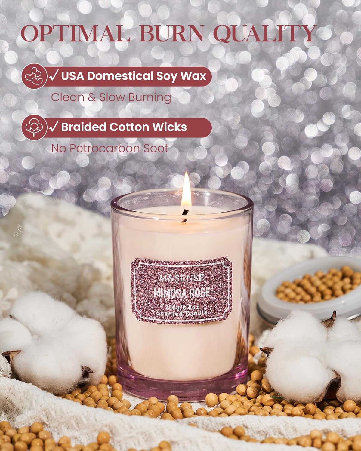 M&SENSE Rose Scented Candles, Classic Size 8.8 oz Glitter Jar Candles, Holiday Candles Gifts for Women, Strong Scented Natural Soy Candle for Winter Home Decor, 50 Hours Long Burning Candles
