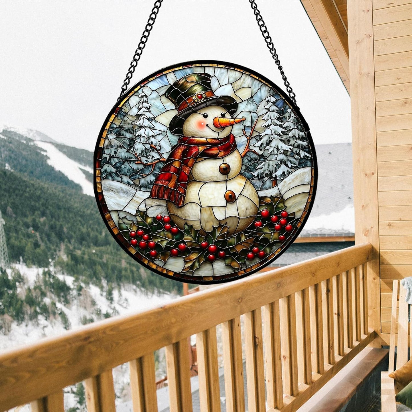 Stained Glass Window Hanging - Christmas Snowman Suncatcher for Door Terrace Garden Home Decor Winter Forest Snow Sun Catcher Birthday Gifts for Lovers Women Men Dad Mom Nana 6.3 in