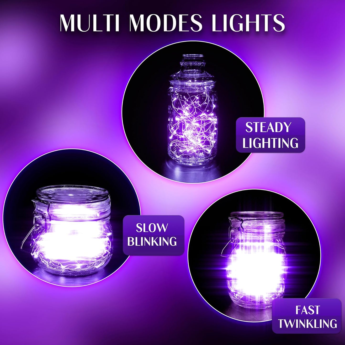 20 Pack Fairy Lights Battery Operated 60 Extra Batteries, 3 Modes 6.5ft 20 LED Mini String Lights, Waterproof Silver Wire Firefly Starry Lights for DIY Wedding Christmas Party, Purple